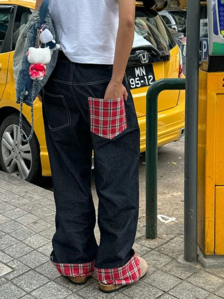 Plaid Patchwork Baggy Jeans