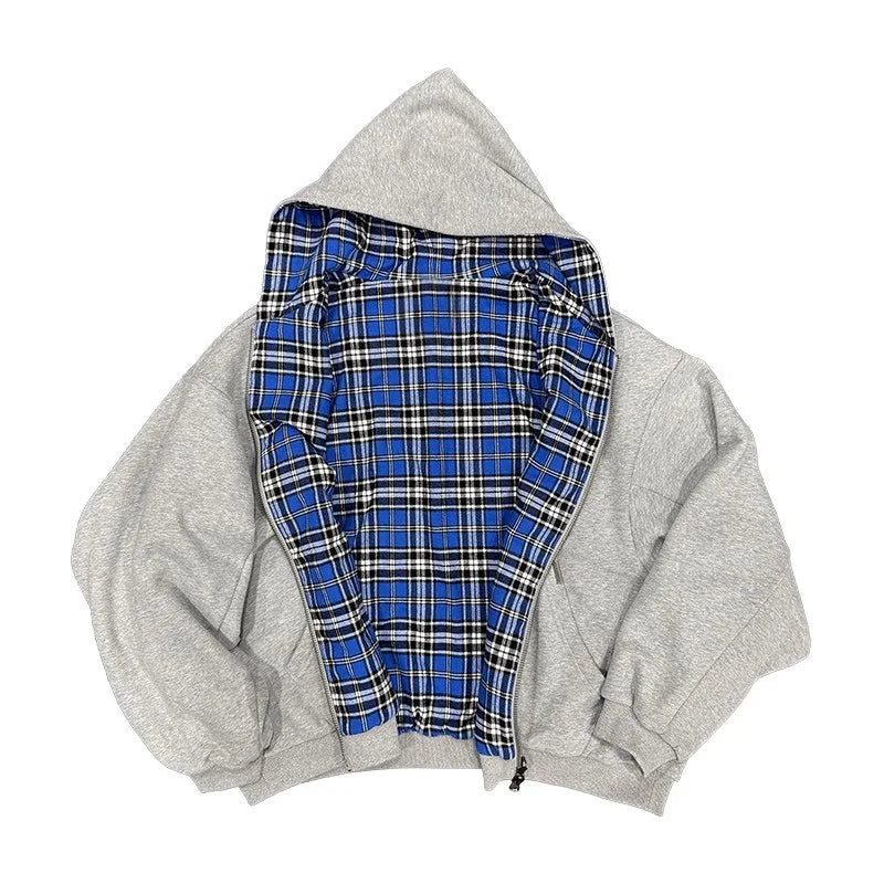 Oversized Reversible Hoodie with Plaid Lining