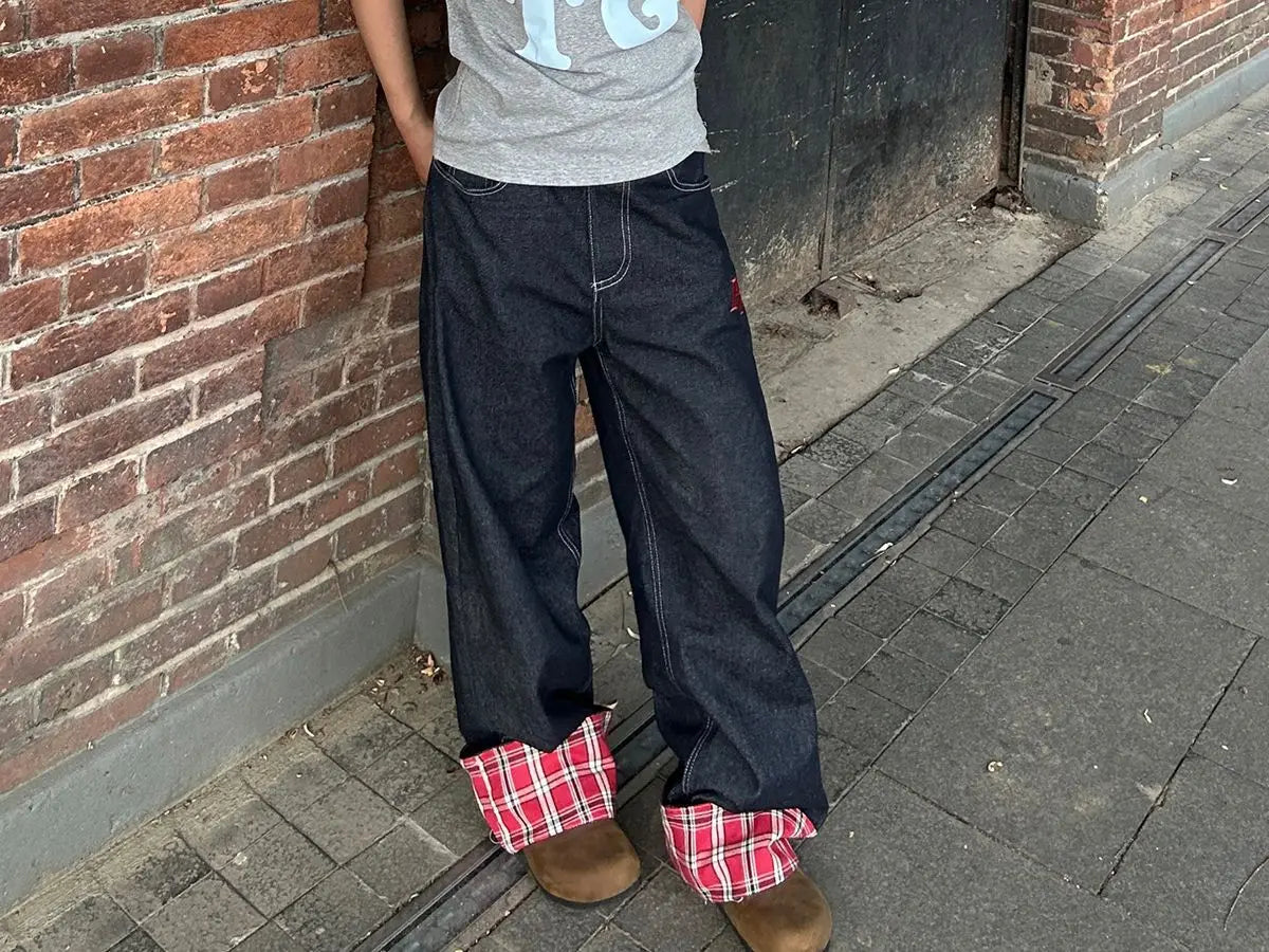 Plaid Patchwork Baggy Jeans